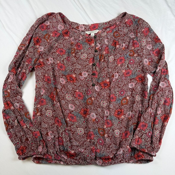 Lucky Brand Tops - Lucky Brand Women Burgundy Red Floral Henley Peasant Blouse Long Sleeve Small
